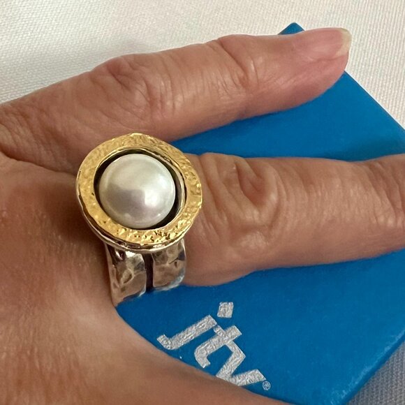 White Cultured Freshwater Pearl Sterling Silver With 14k Yellow Gold Over Accent - Picture 1 of 12